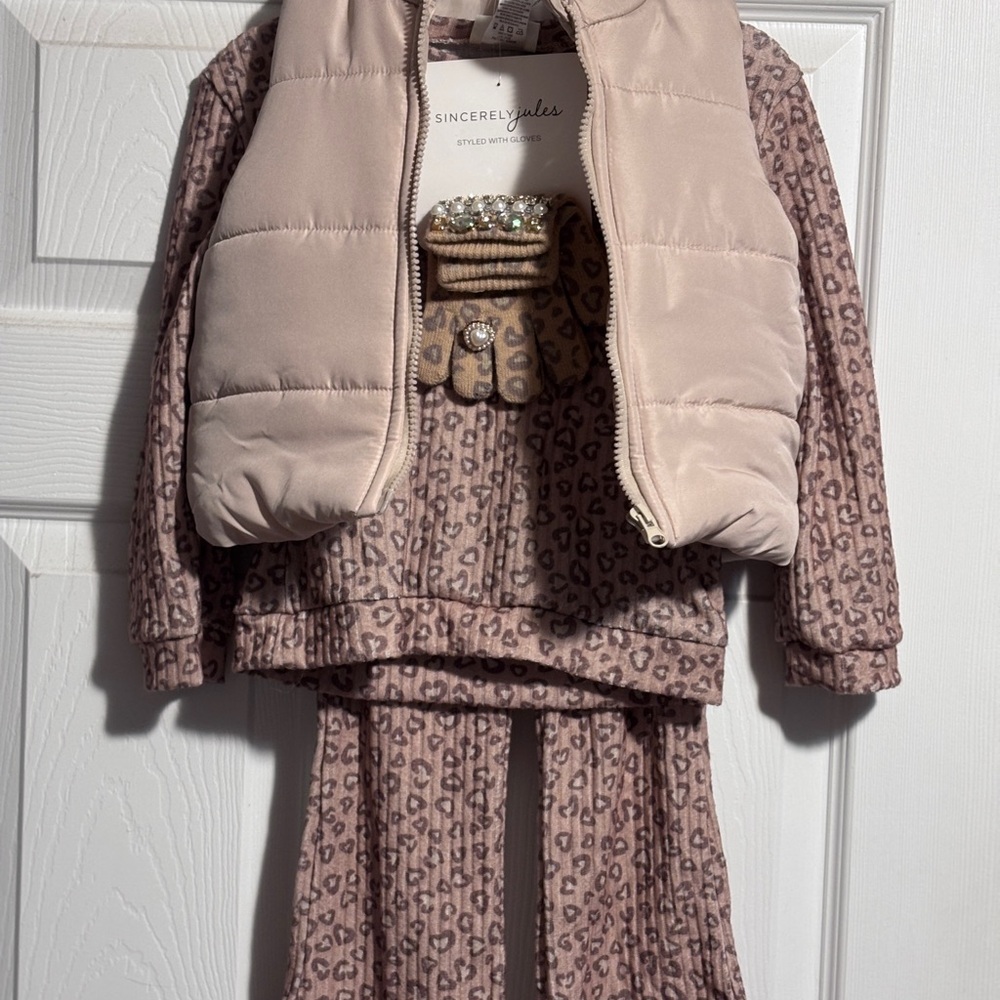 Sincerely Jules Beige Leopard Print Vest Set with Embellished Gloves